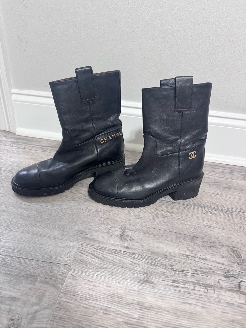 CHANEL Black Leather Mid-Calf Logo Combat Boots